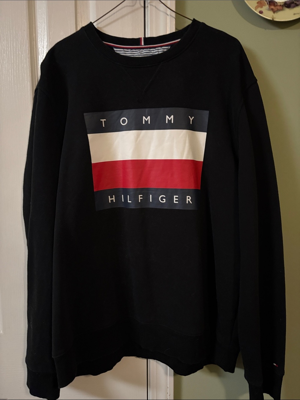 Tommy Hilfiger Black Crewneck with Red and White Flag Logo